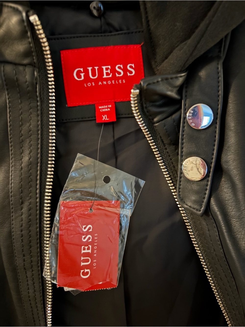 GUESS Black Faux Leather Zip-Front Jacket with Silver Hardware